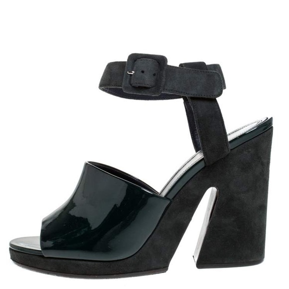 Celine Green Patent Leather And Suede Ankle Strap Open Toe Platform Sandals 37 - Picture 3 of 8